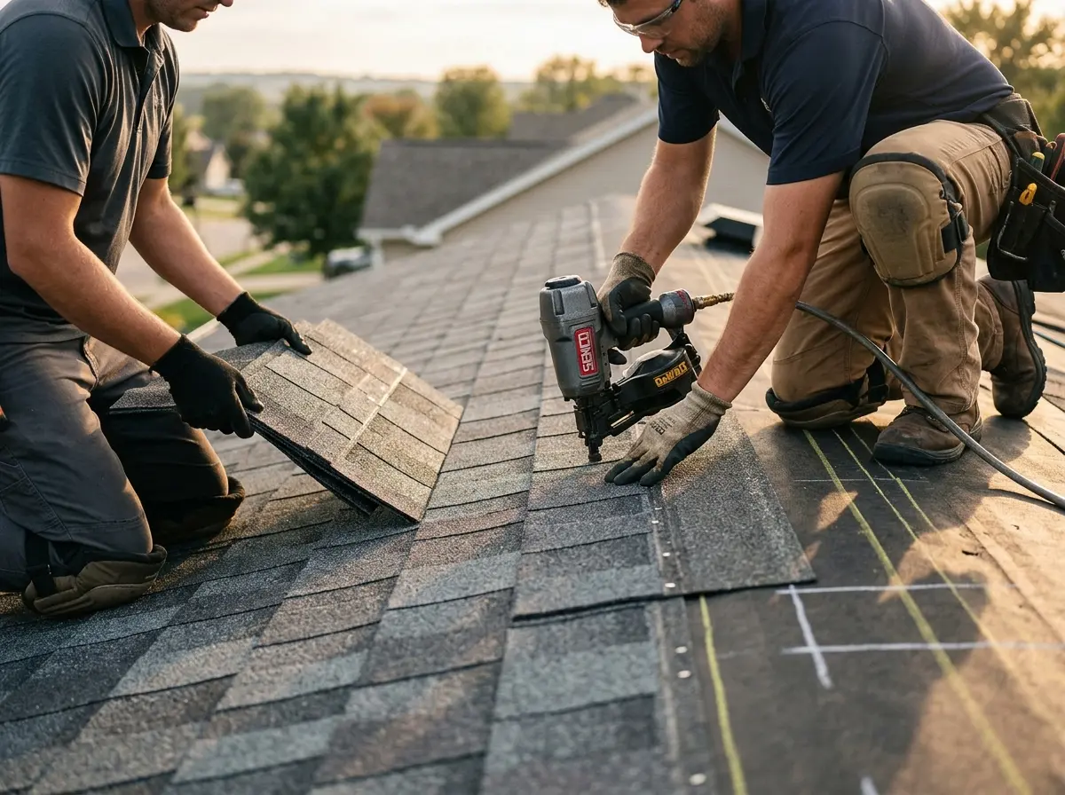 Professional roofer working on a residential roof in Eloy